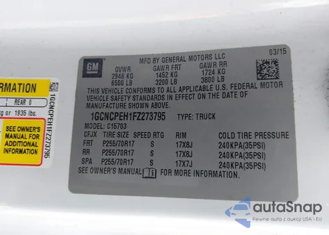 2015 Chevrolet Silverado 1500 Wt z USA, uszkodzony, nr VIN 1GCNCPEH1FZ273795